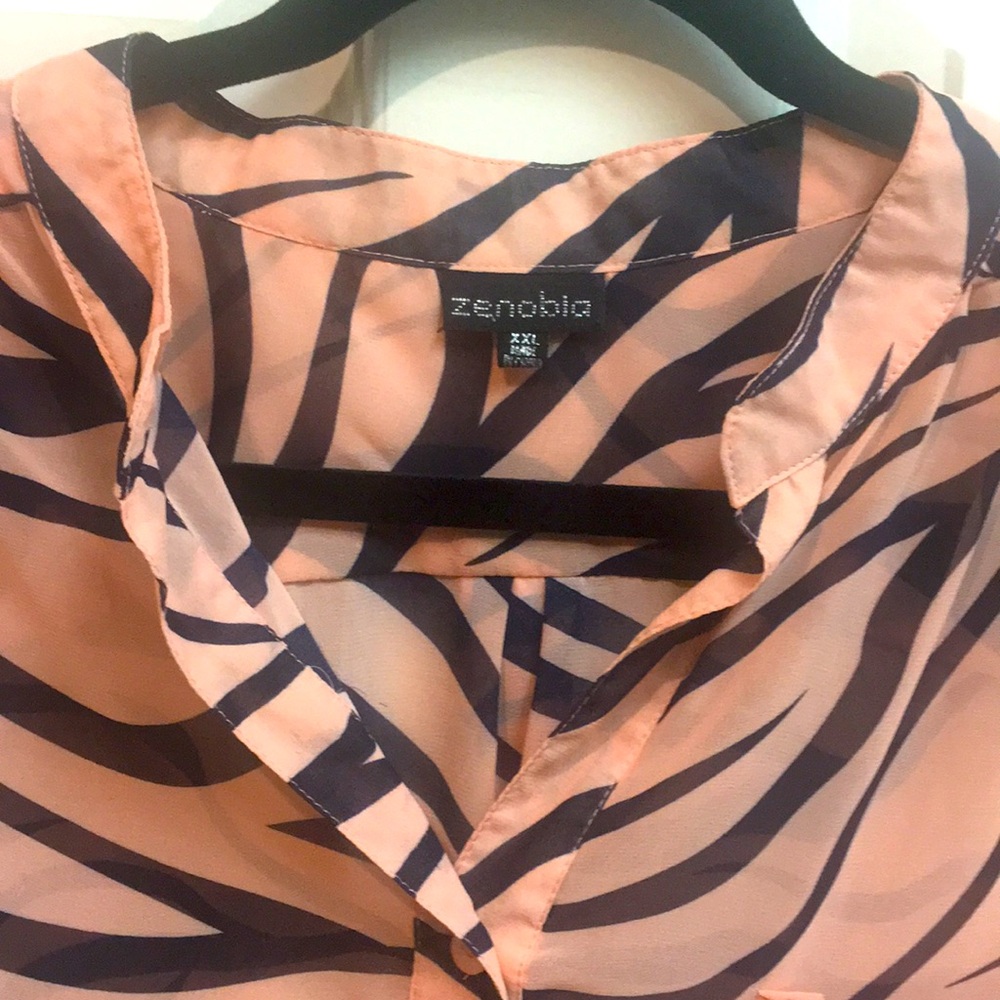 Semi-Sheer Chiffon Top, Peach & Black Zebra Print Roll Sleeves - Picture 4 of 9